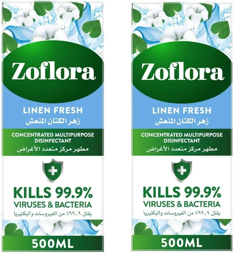 مایع ضدعفونی کننده چند منظوره زوفلورا - رایحه ملایم لینن - 500 میلی لیتر x 2 | ضد باکتری | تمیز کننده سطوح | مناسب برای تمیز کردن خانه، آشپزخانه و حمام | از بین برنده بو | رایحه 24 ساعته