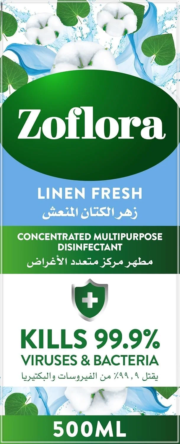 مایع ضدعفونی کننده چند منظوره زوفلورا - رایحه ملایم لینن - 500 میلی لیتر x 2 | ضد باکتری | تمیز کننده سطوح | مناسب برای تمیز کردن خانه، آشپزخانه و حمام | از بین برنده بو | رایحه 24 ساعته