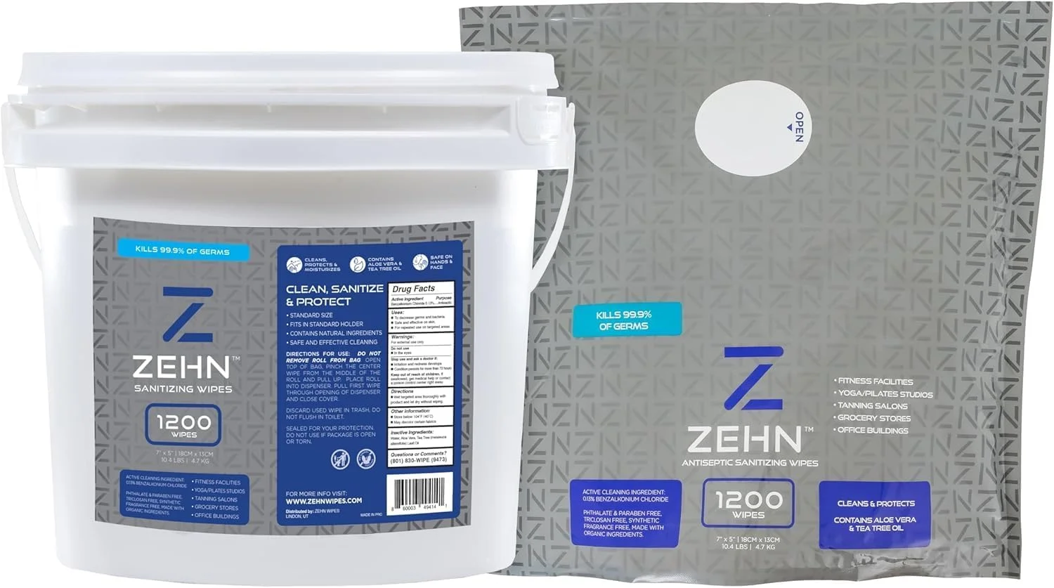 دستمال مرطوب باشگاه ورزشی Zehn، رول بزرگ + سطل حاوی روغن درخت چای و آلوئه ورا | تمیز کننده تجهیزات | دستمال مرطوب بدن | تمیز کننده مت یوگا | دستمال مرطوب سطوح | دستمال مرطوب عمده، 1200 عدد در هر بسته (بسته 1 عددی)