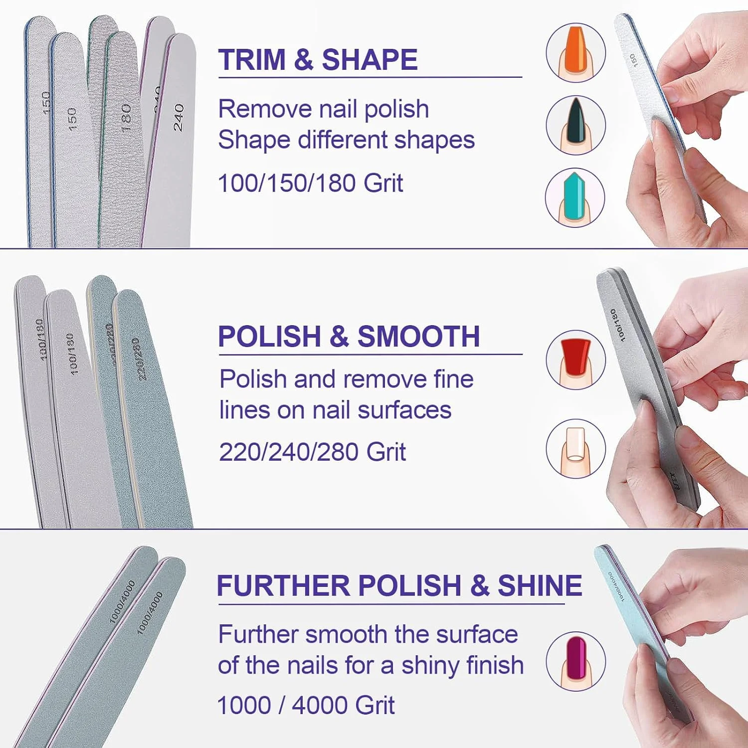 ست سوهان و بافر ناخن (12 عدد)، کیت سوهان ناخن حرفه ای برای ناخن های اکریلیک و طبیعی، سوهان نرم ناخن، بافرهای سوهان ناخن ژلی، تخته سمباده 100/150/180/220/240/280/1000/4000 گریت
