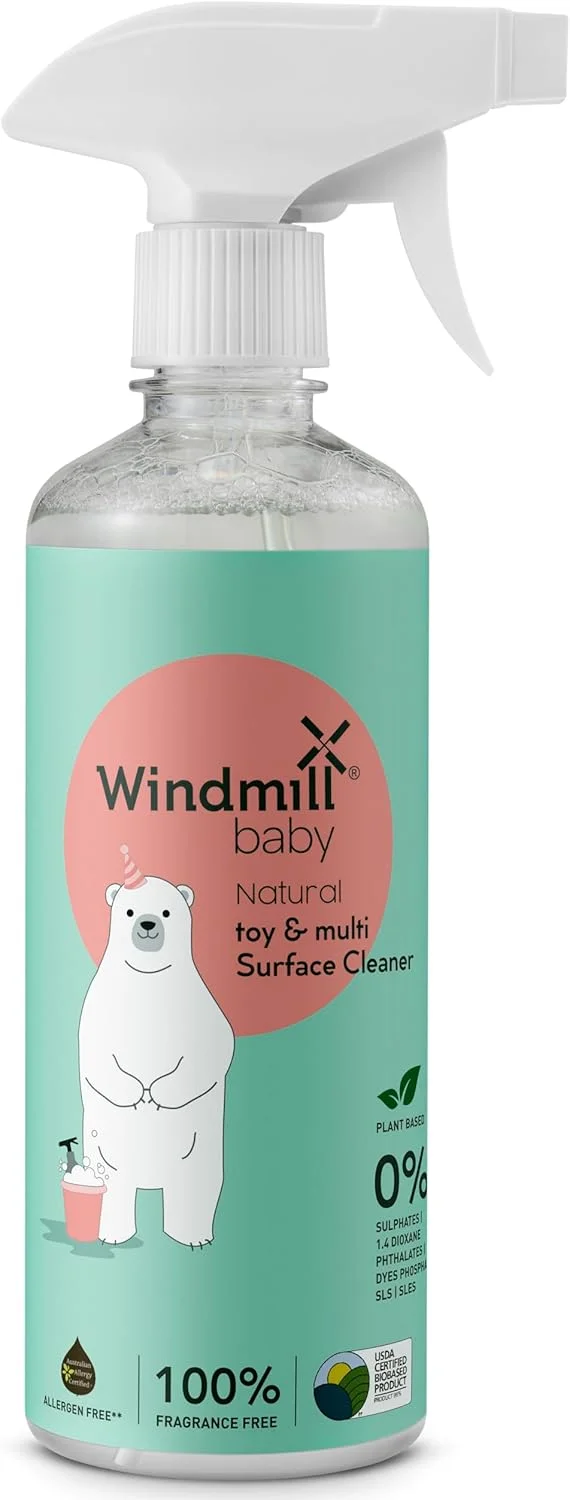 اسپری تمیز کننده چند منظوره کودک Windmill baby، ارگانیک، بدون عطر، بدون بو، مناسب اسباب بازی، اتاق کودک، صندلی غذا، تشک، تخت نوزاد، پنجره و غیره - 450 میلی لیتر