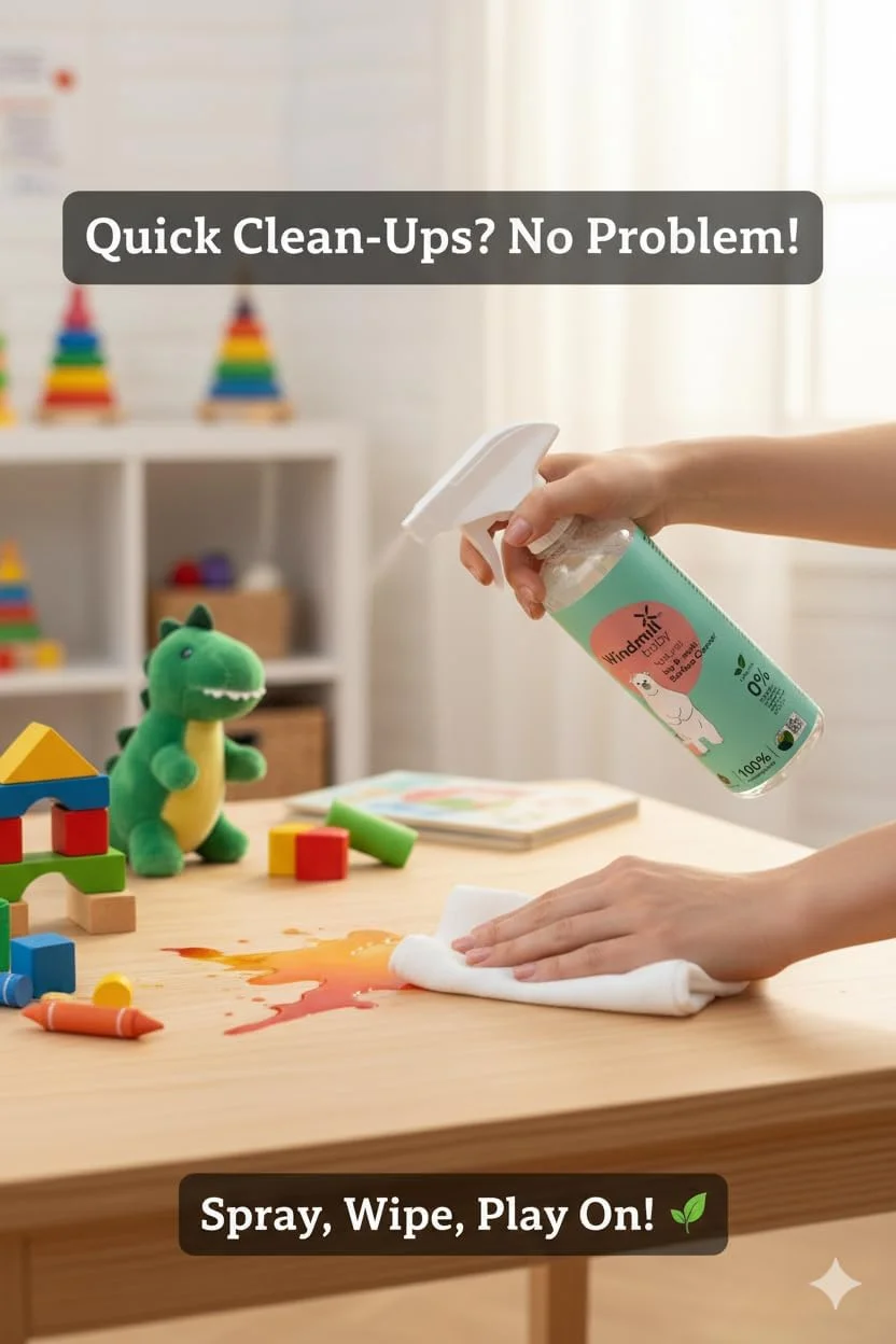 اسپری تمیز کننده چند منظوره کودک Windmill baby، ارگانیک، بدون عطر، بدون بو، مناسب اسباب بازی، اتاق کودک، صندلی غذا، تشک، تخت نوزاد، پنجره و غیره - 450 میلی لیتر