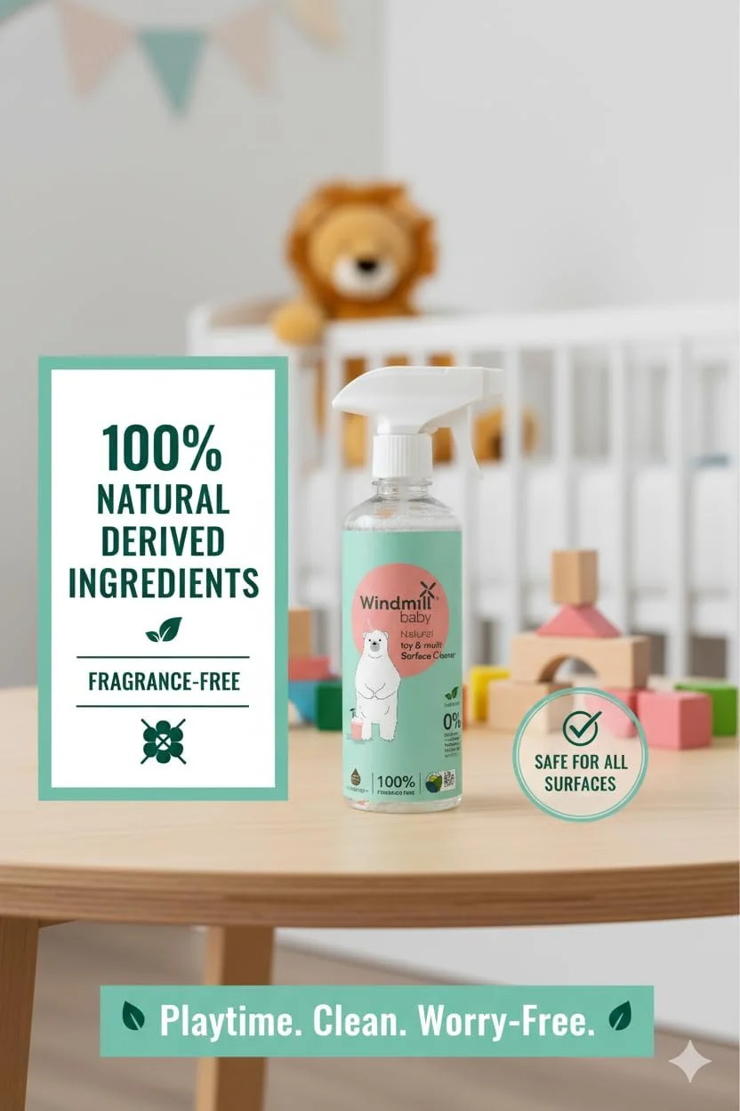 اسپری تمیز کننده چند منظوره کودک Windmill baby، ارگانیک، بدون عطر، بدون بو، مناسب اسباب بازی، اتاق کودک، صندلی غذا، تشک، تخت نوزاد، پنجره و غیره - 450 میلی لیتر