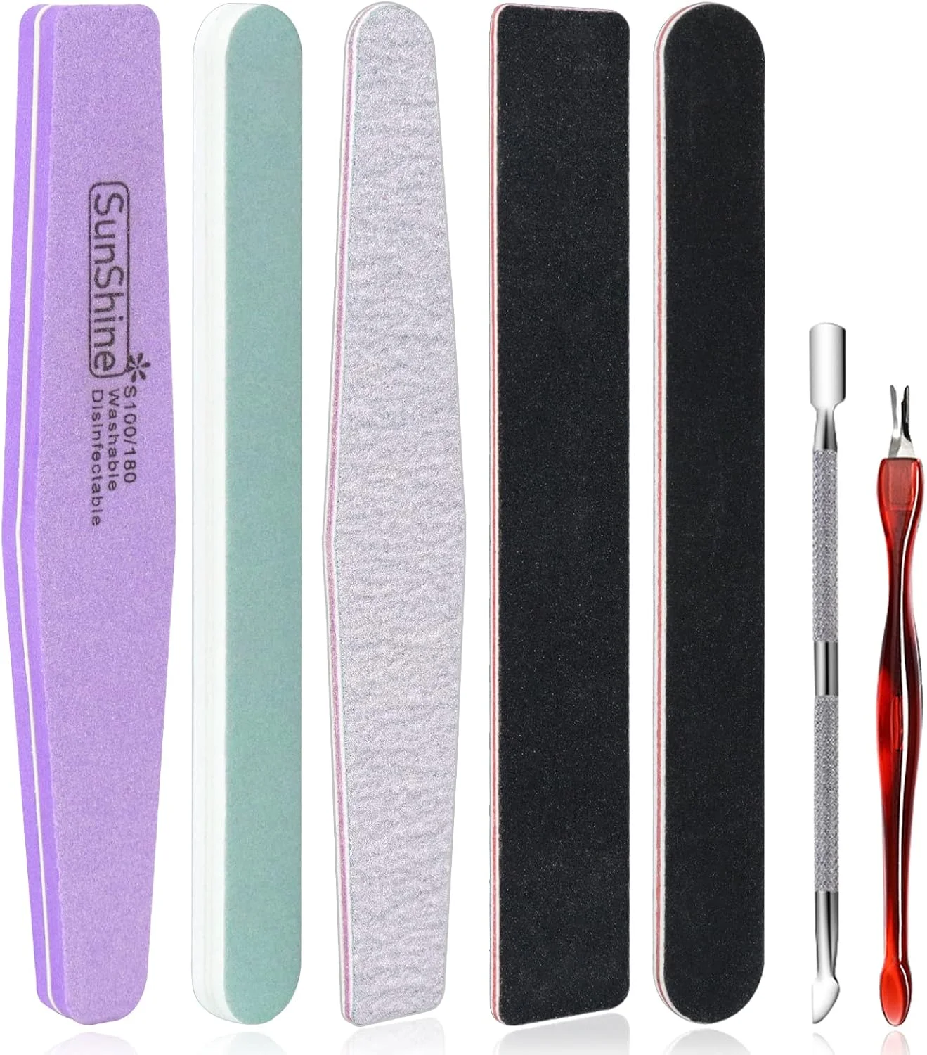 ست 7 عددی سوهان ناخن کوفیری، درجه زبری 100/180، سوهان ناخن برای ناخن های ژلی، سوهان برای ست ناخن های ژلی، سوهان ناخن دو طرفه بافر بلاک برای ناخن های طبیعی و ناخن های ژلی، به همراه عقب زننده کوتیکول استیل ضد زنگ