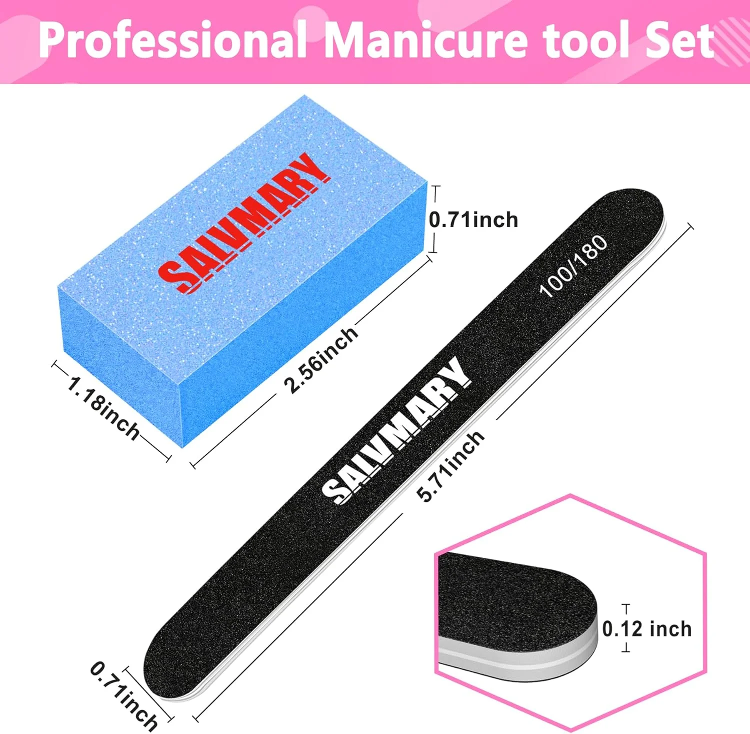 سوهان و بافر ناخن SALVMARY، کیت ابزار مانیکور حرفه ای، سوهان های سمباده ای دو طرفه با دانه بندی 100/180 برای ناخن، بلوک های بافر ناخن با دانه بندی 80/100، لوازم سالن خانگی 8 عددی
