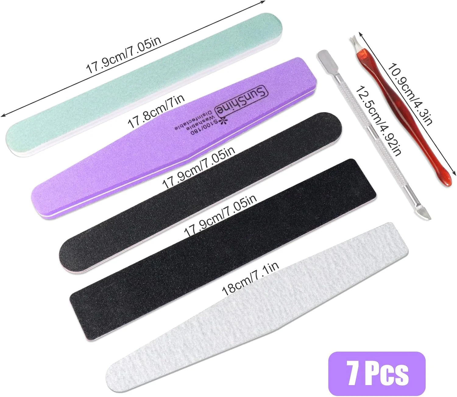 ست 7 عددی سوهان ناخن کوفیری، درجه زبری 100/180، سوهان ناخن برای ناخن های ژلی، سوهان برای ست ناخن های ژلی، سوهان ناخن دو طرفه بافر بلاک برای ناخن های طبیعی و ناخن های ژلی، به همراه عقب زننده کوتیکول استیل ضد زنگ