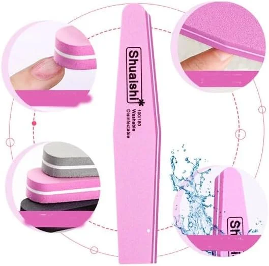 بافر ناخن حرفه ای سانشاین با درجه زبری 100/180 - سوهان ناخن دو طرفه مثلثی - بسته 10 عددی صورتی برای مانیکور و پدیکور - صاف، شکل دهی و براق کردن ناخن ها - ایده آل برای استفاده در سالن و منزل