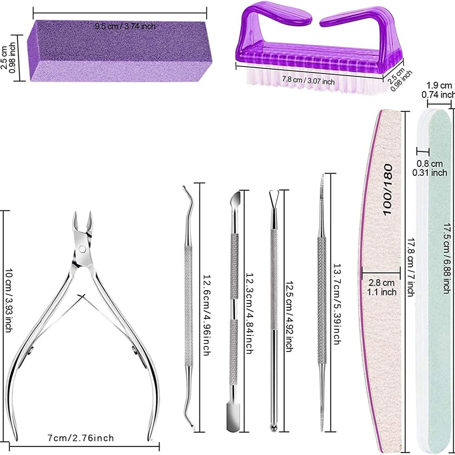 ست مانیکور و پدیکور حرفه ای - مجموعه 12 تکه با سوهان، بافر و ابزار کوتیکول برای استفاده در منزل و سالن - شفاف