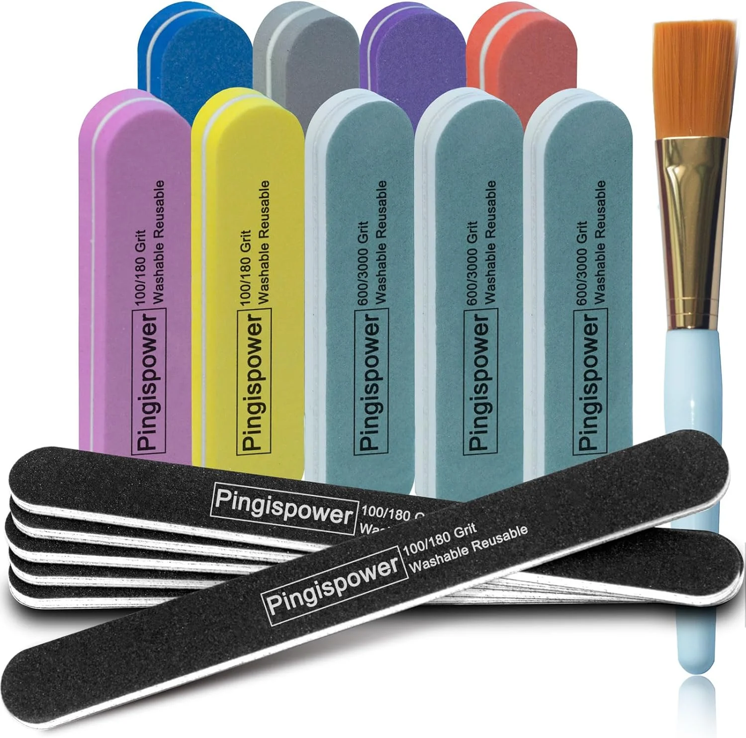 سوهان و بافر ناخن پینگیس پاور، 16 عددی، سوهان ناخن و بافر بلاک حرفه ای سمباده ای برای ناخن های طبیعی، دانه بندی 100/180 و 600/3000، کیت مانیکور دو طرفه قابل شستشو و استفاده مجدد برای زنان، مناسب منزل و سالن