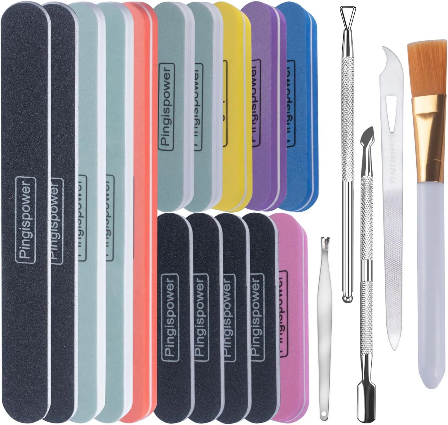 سوهان و بافر ناخن پینگیس پاور، 20 عددی سوهان ناخن حرفه ای و بلوک بافر ناخن برای ناخن های طبیعی و اکریلیک، سوهان ناخن با دانه بندی 100/180 و 600/3000، ست ابزار مراقبت از ناخن دو طرفه قابل شستشو و استفاده مجدد