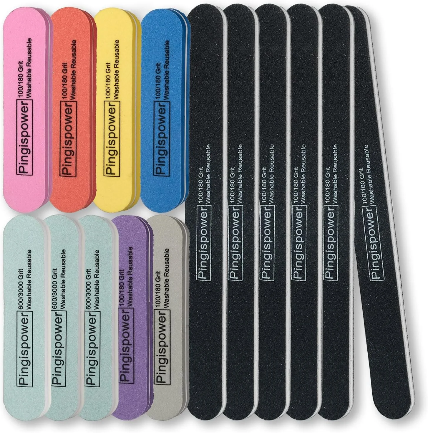 ست سوهان ناخن پینگیس پاور، 15 عدد سوهان و بافر ناخن حرفه ای برای ناخن های طبیعی و ناخن های اکریلیک، بلاک بافر ناخن با دانه بندی 100/180 و 600/3000، ست مانیکور دو طرفه قابل شستشو و استفاده مجدد برای زنان