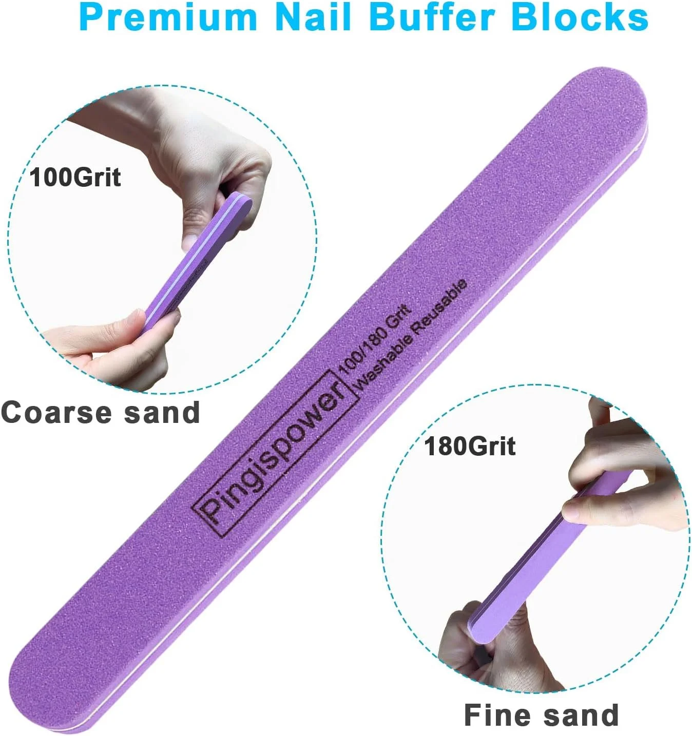 سوهان و بافر ناخن پینگیس پاور، 10 عدد سوهان ناخن فلزی حرفه ای و بلوک بافر (دانه بندی 100/180) برای ناخن های طبیعی، دو طرفه قابل شستشو و استفاده مجدد، کیت مانیکور برای زنان، مناسب منزل، سالن و مسافرت