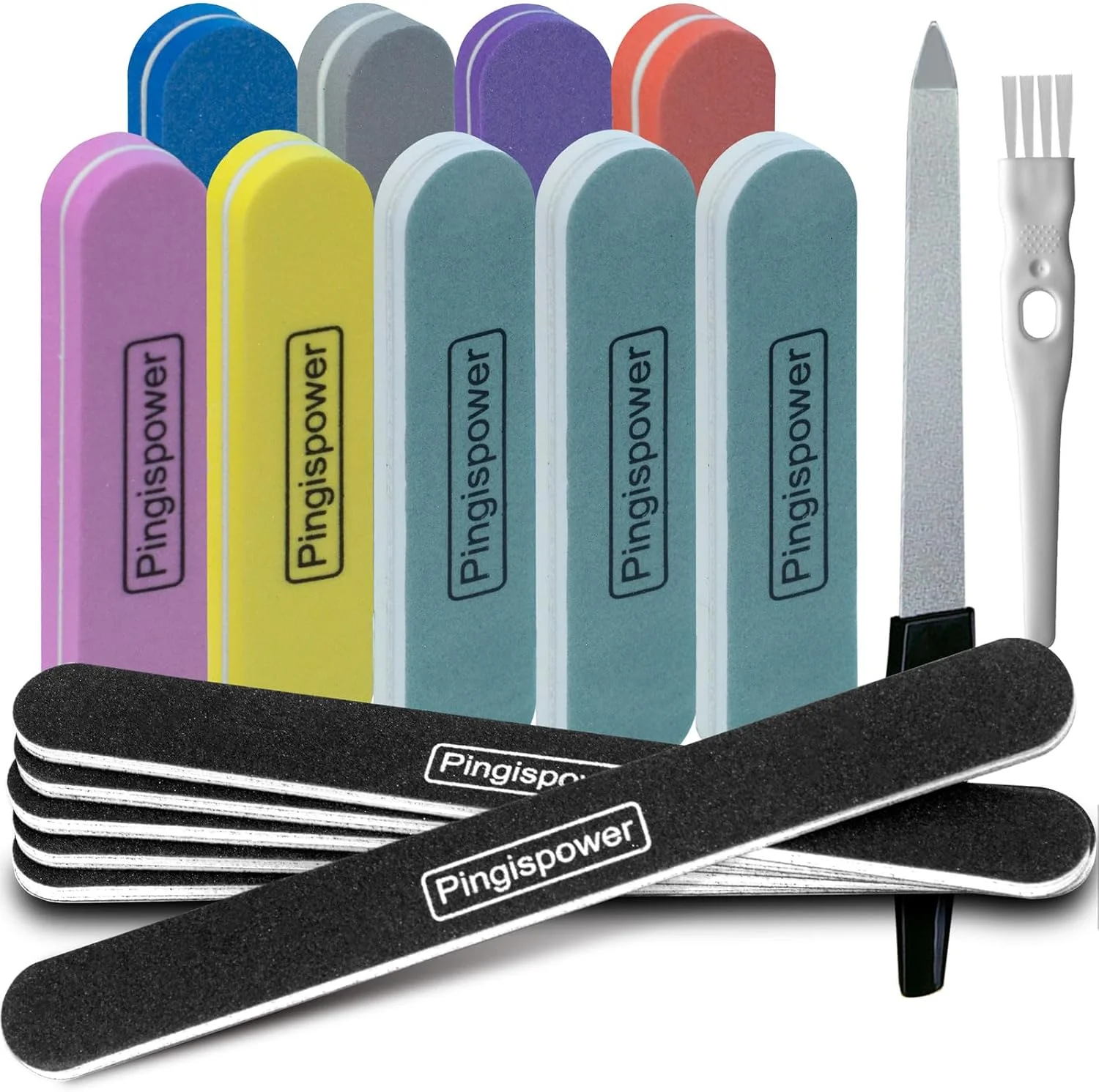 سوهان و بافرهای ناخن پینگیس پاور، 17 عددی سوهان ناخن فلزی حرفه ای و سمباده برای ناخن های طبیعی، درجه زبری 100/180 و 600/3000، دو طرفه قابل شستشو با کیت مانیکور قابل استفاده مجدد برای استفاده خانگی بانوان