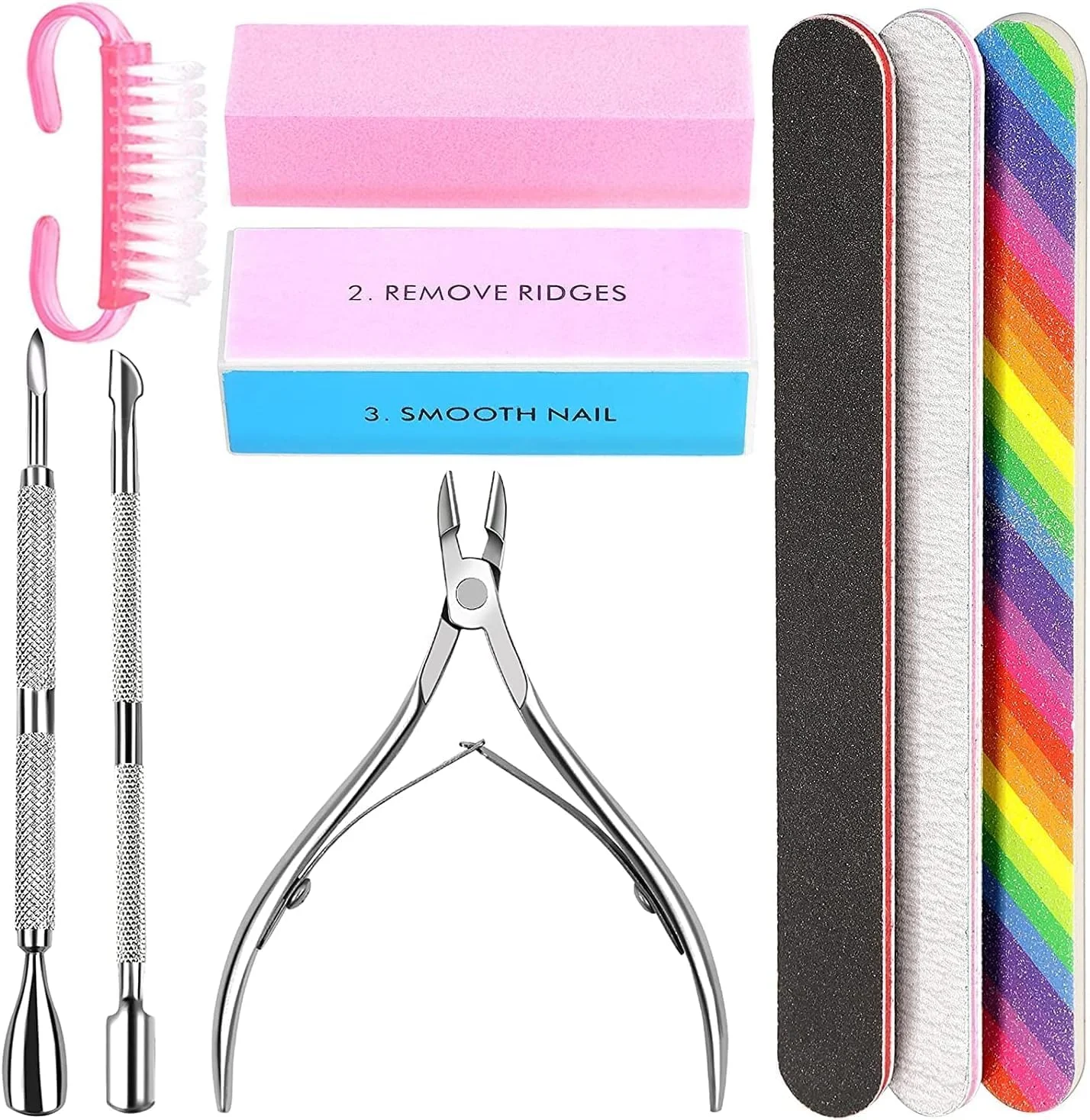 ست سوهان ناخن OSYA - شامل 3 عدد سوهان ناخن دو طرفه، بافر ناخن مستطیلی، بلاک بافر 4 مرحله ای، 3 عدد نیپر و پوشر کوتیکول و برس ناخن، ست کامل ناخن با بافر