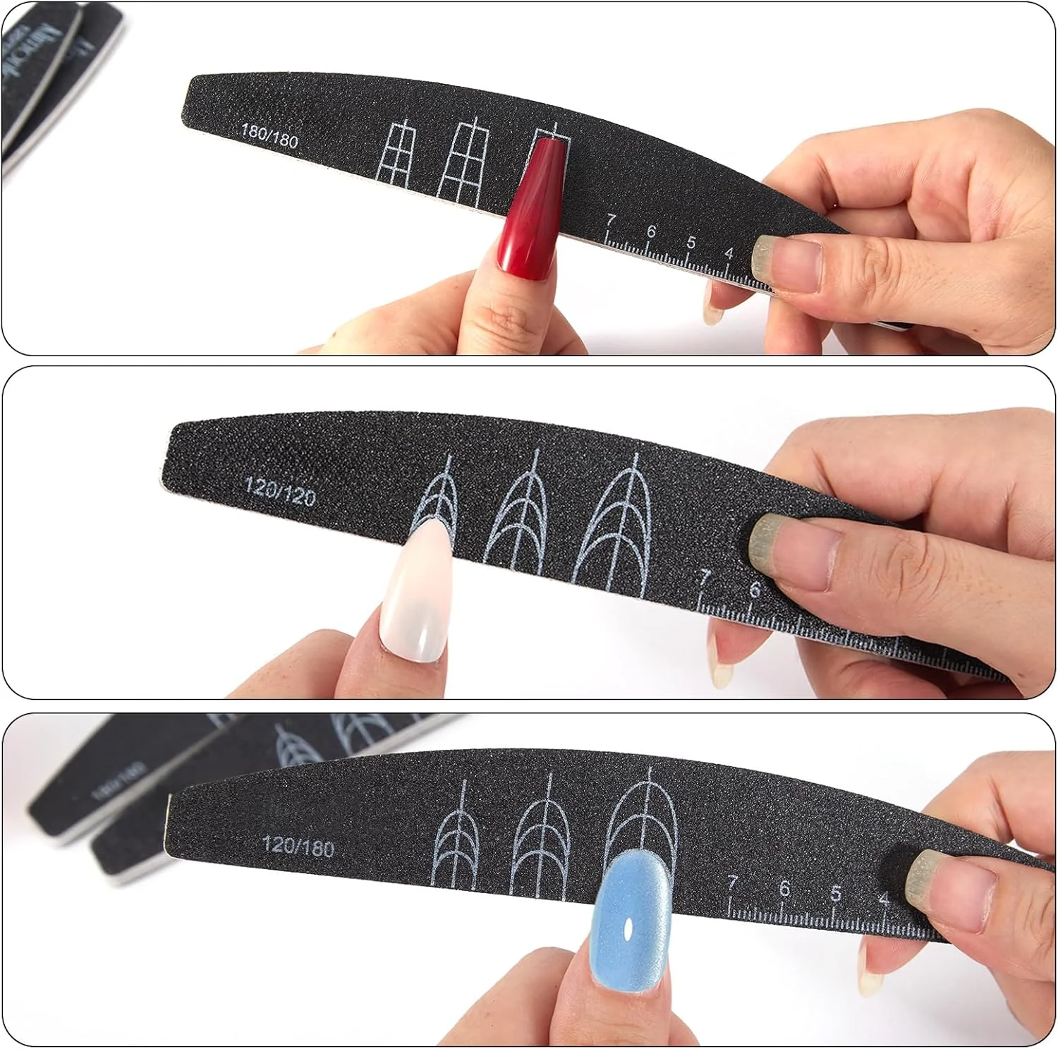 ست سوهان و بافر ناخن XEAOHESY، 9 تکه، سوهان ناخن برای ناخن های طبیعی، سوهان سمباده ای با راهنمای تصویری برای فرم ناخن، بلوک بافر ناخن درجه زبری 120/180، ست سوهان ناخن انگشت