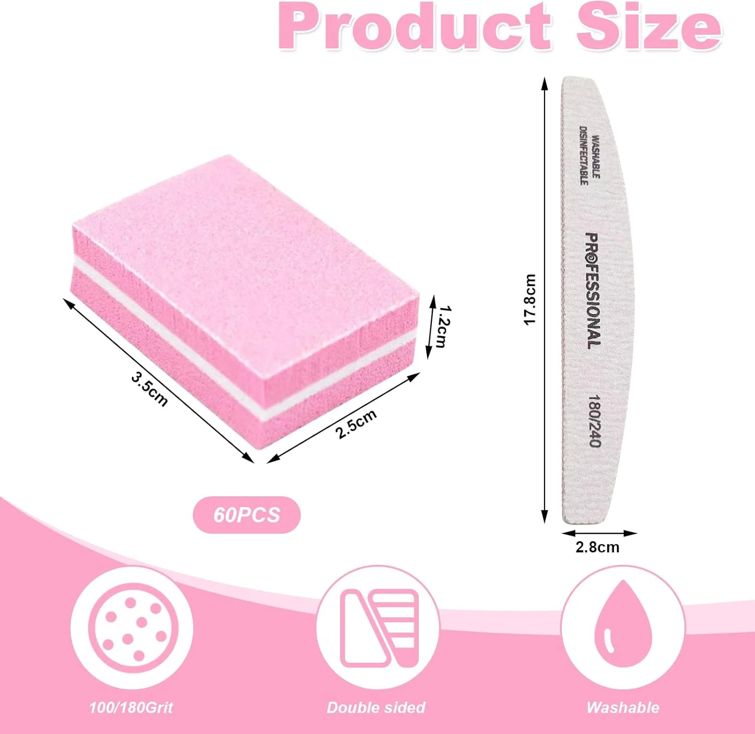 بلاک بافر ناخن VEGCOO، 60 عدد بافر ناخن، بلاک بافر دو طرفه گریت 100/180 برای ناخن های اکریلیک ژل طبیعی، ست ابزار مانیکور خانگی و سالنی