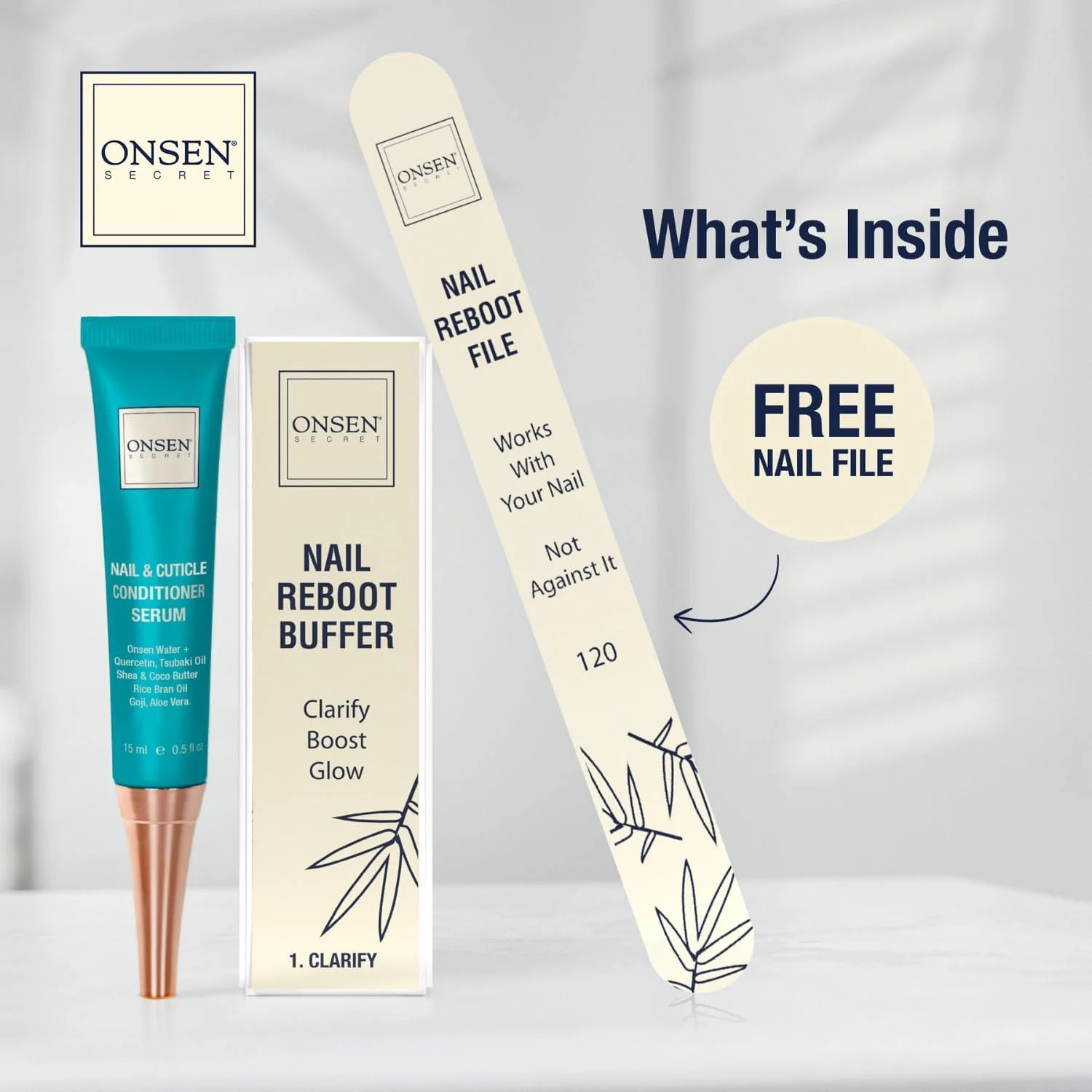 ست درخشش ناخن ژاپنی Onsen Secret 1.0، یک عدد سوهان ناخن رایگان با درجه زبری 120/180، بافر ناخن سه طرفه، سرم کوتیکول با روغن کوتیکول در عملکرد - 15 میلی لیتر، ست درخشش ناخن سری مراقبت بهینه از ناخن