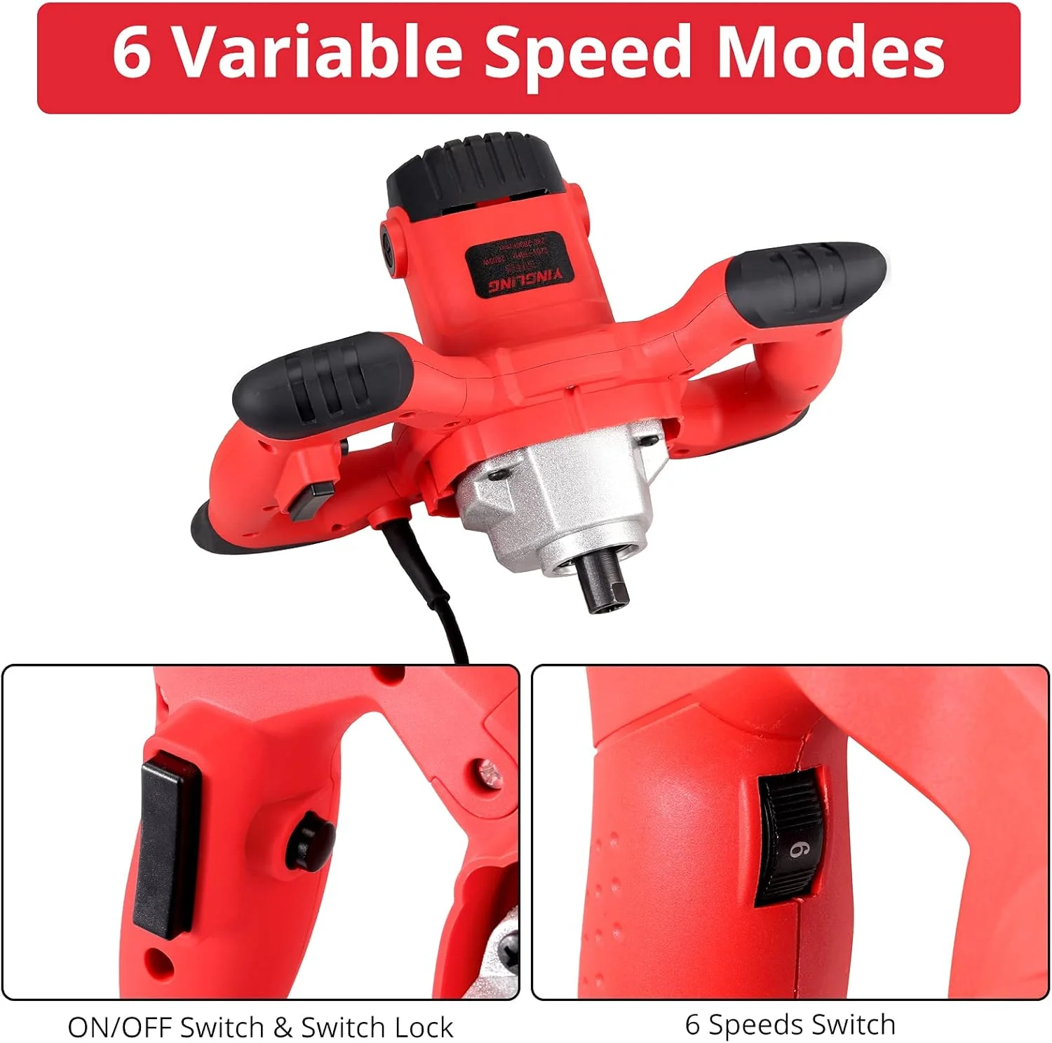 میکسر سیمان دستی برقی 2100 وات JUSTOOL، میکسر بتن برقی 110 ولت، دریل میکسر ملات بتن با قابلیت تنظیم 6 سرعت به همراه 2 عدد میله مارپیچ کرومی M14 برای مخلوط کردن دوغاب، رنگ، ملات، گل و گچ