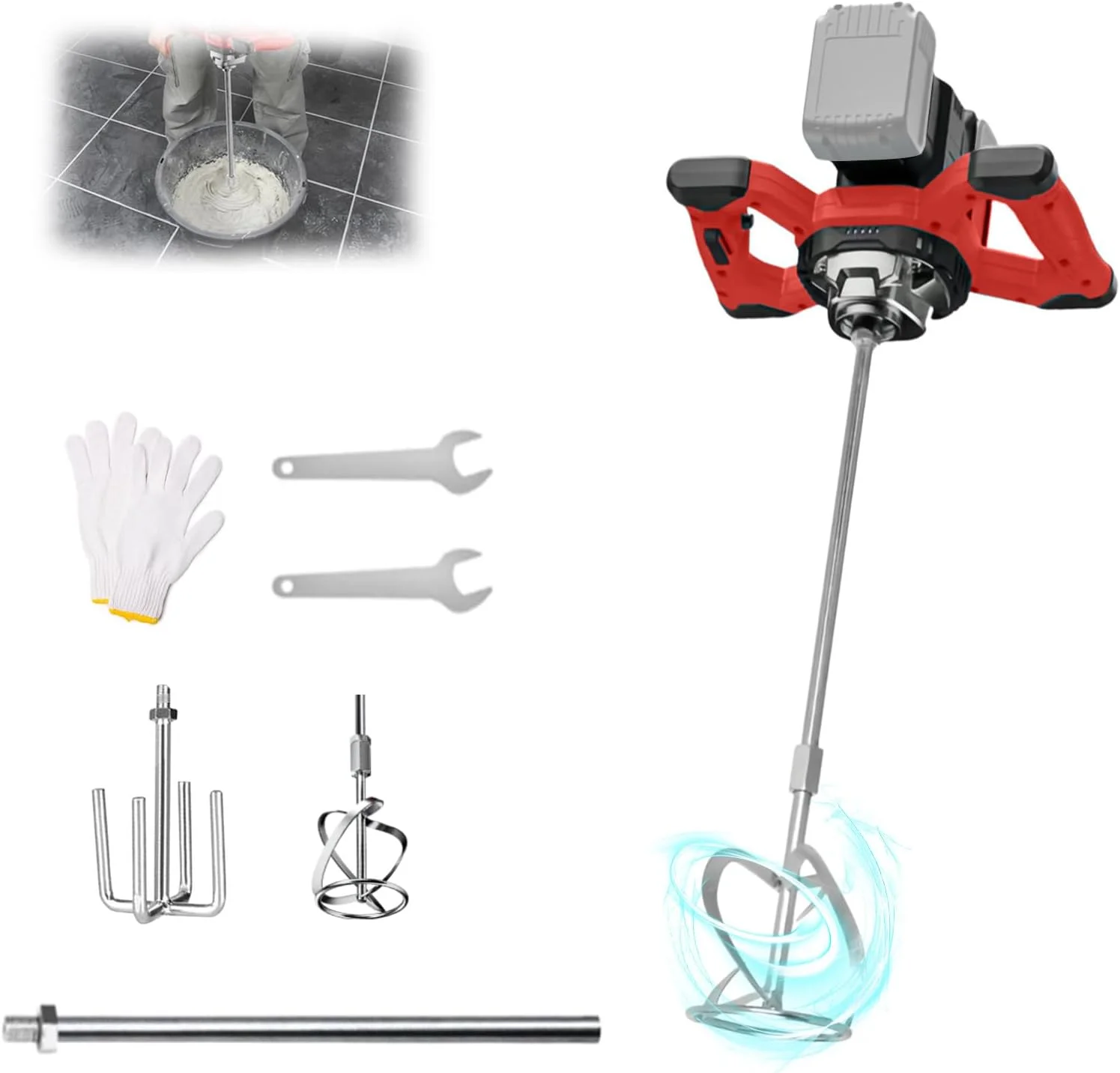 مخلوط کن سیمان سازگار با باتری 18-21 ولت، مخلوط کن ملات رنگی بی سیم با 6 سرعت، سوئیچ قفل شونده، مخلوط کن سیمان قابل حمل برای رنگ، گچ، سیمان، ملات (بدون باتری)