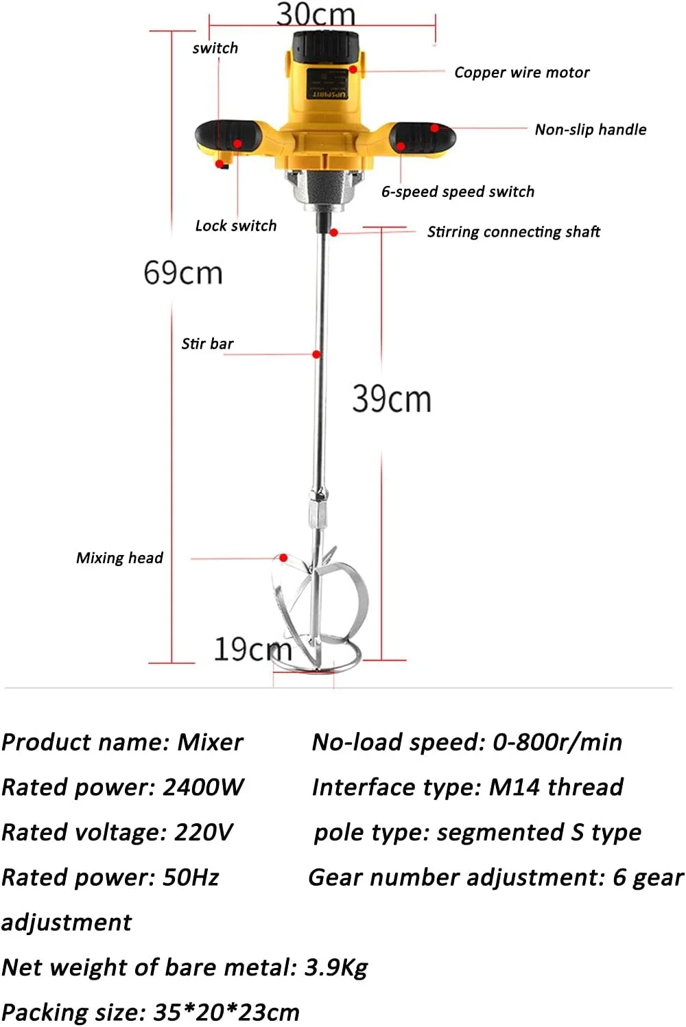 میکسر برقی ملات سیمان بتن قابل تنظیم 6 سرعته 2400 واتی gxyglsgysgjs، ابزار همزن دریل سیمان گچ، زرد