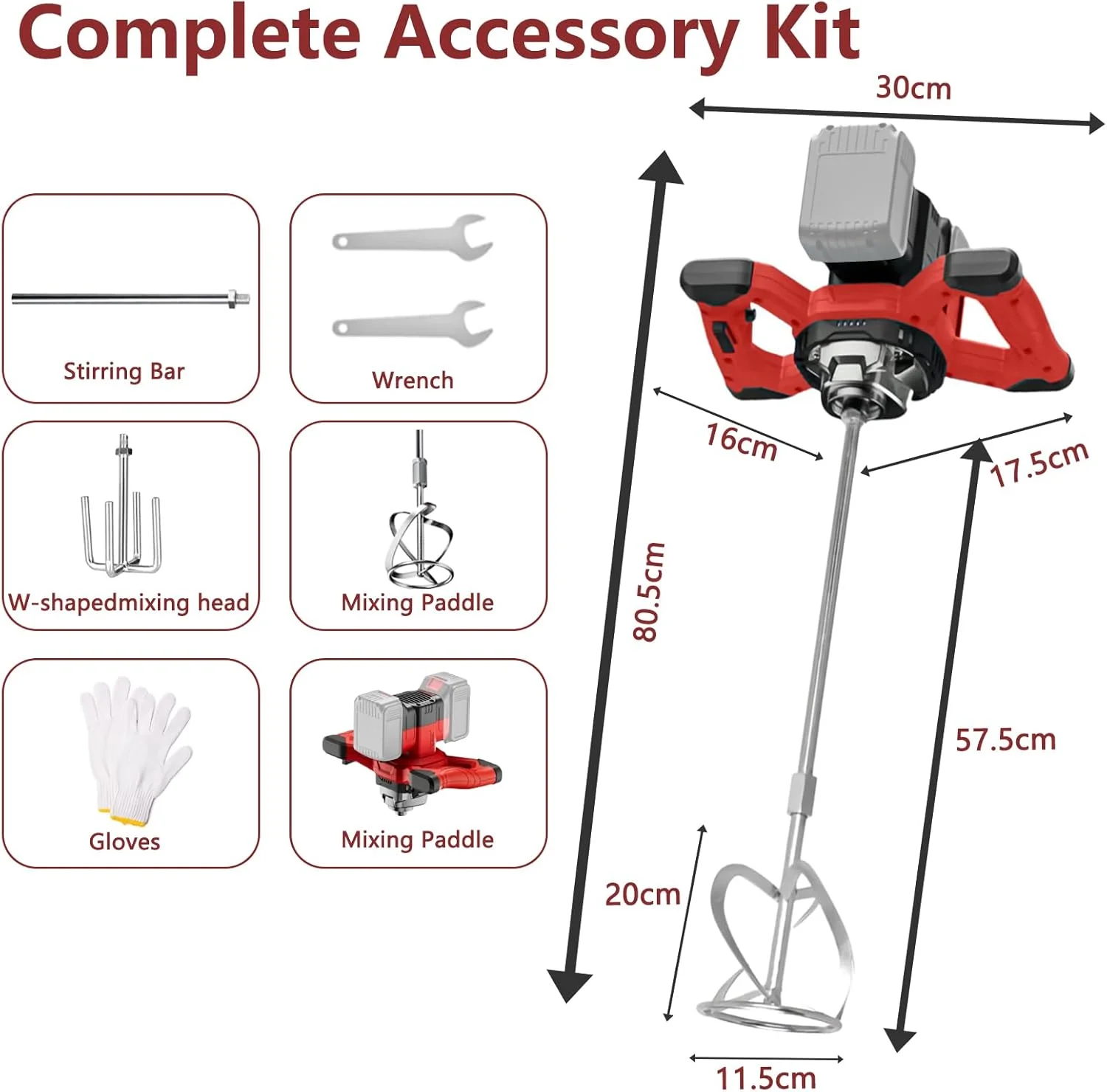 مخلوط کن سیمان سازگار با باتری 18-21 ولت، مخلوط کن ملات رنگی بی سیم با 6 سرعت، سوئیچ قفل شونده، مخلوط کن سیمان قابل حمل برای رنگ، گچ، سیمان، ملات (بدون باتری)