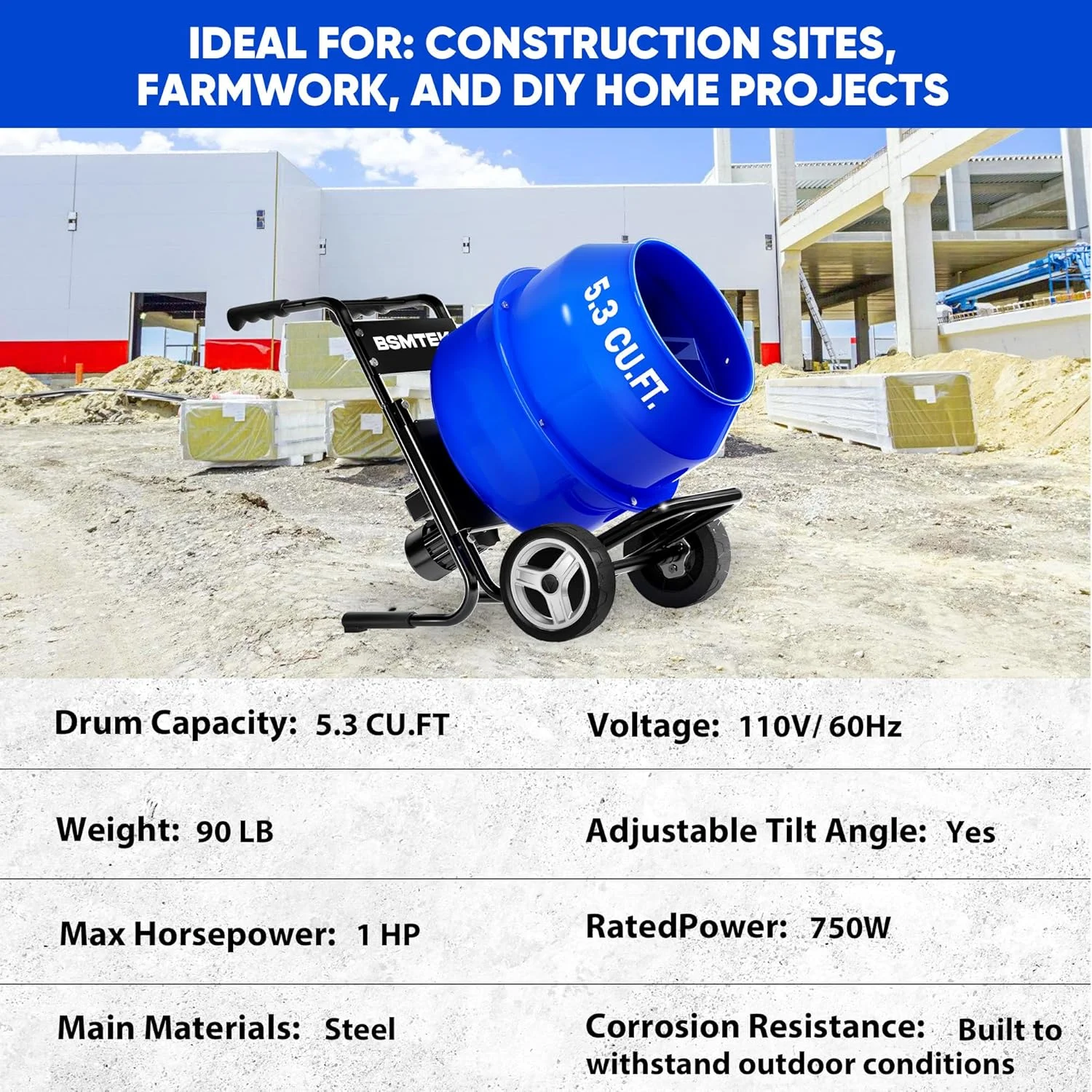 میکسر بتن برقی BSMTEK، ۵.۳ فوت مکعب، ۱ اسب بخار، ۷۵۰ وات. دستگاه میکسر بتن قابل حمل با پایه، چرخ و واحد نصب شده روی چرخ برای گچ، ملات، بذر، آبی