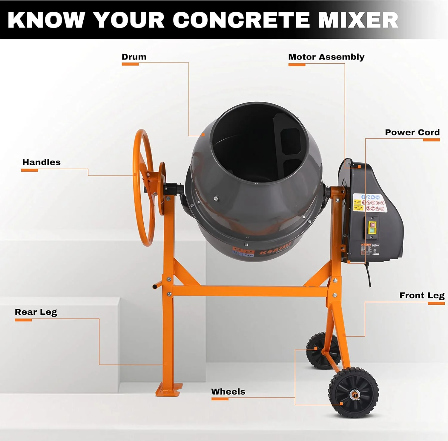 میکسر سیمان KSEIBI با توان 850 وات و ظرفیت مخزن 200 لیتر، دستگاه مخلوط کن سیمان قابل حمل برای گچ، ملات، بذر، خوراک، ایمن و کاربرپسند.
