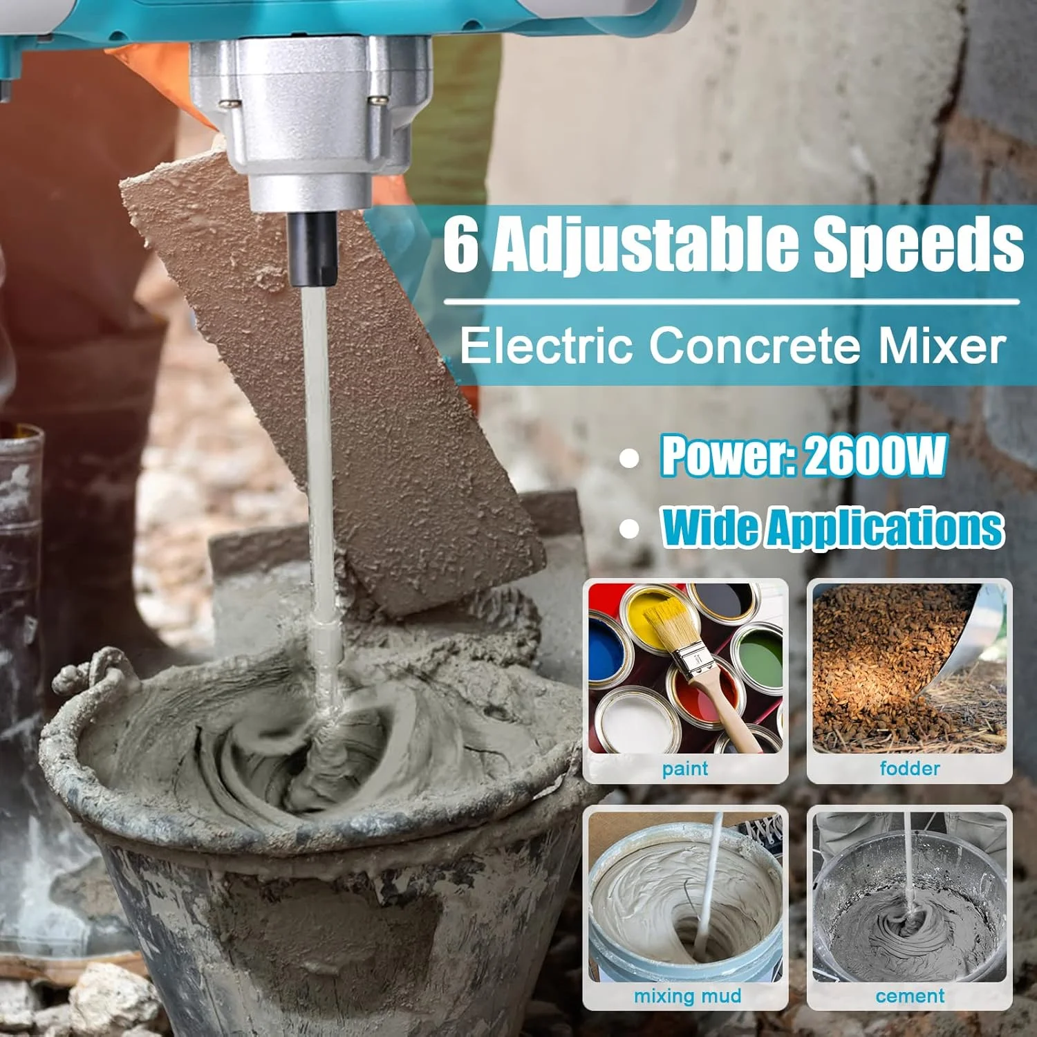 2600W Electric Concrete Mixer Portable Handheld Concrete Cement Mixer 6 Speeds Adjustable Mixing Machine Thinset Mortar Grout Paint String Tool DOOMUN