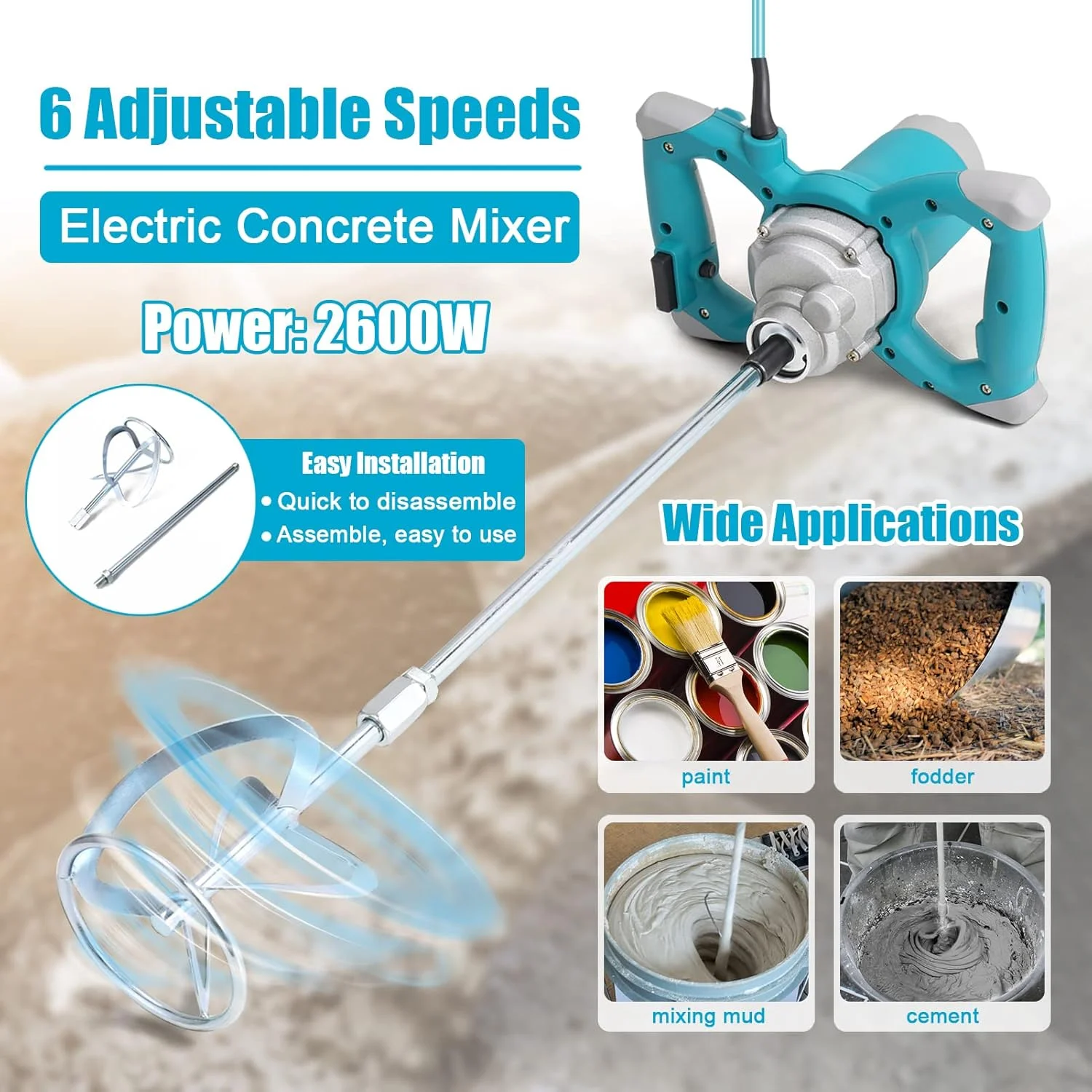 2600W Electric Concrete Mixer Portable Handheld Concrete Cement Mixer 6 Speeds Adjustable Mixing Machine Thinset Mortar Grout Paint String Tool DOOMUN