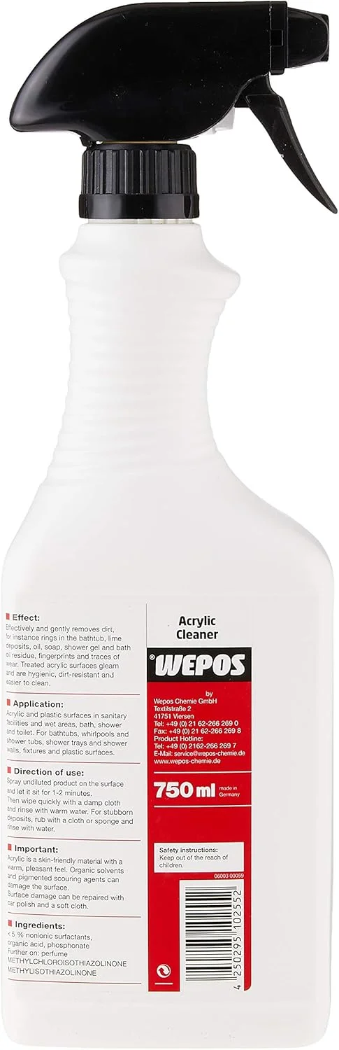 پاک کننده اکریلیک Wepos حجم 750 میلی لیتر | آماده مصرف | سطوح اکریلیک درخشان و براق | اثر ضد الکتریسیته ساکن | با اثر مرواریدی
