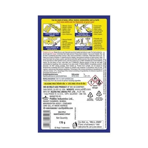 اسپری چند منظوره WD-40 Pidilite، روان کننده، زنگ بر، از بین برنده صدای جیر جیر، لکه بر و ماده تمیز کننده، 170 گرم