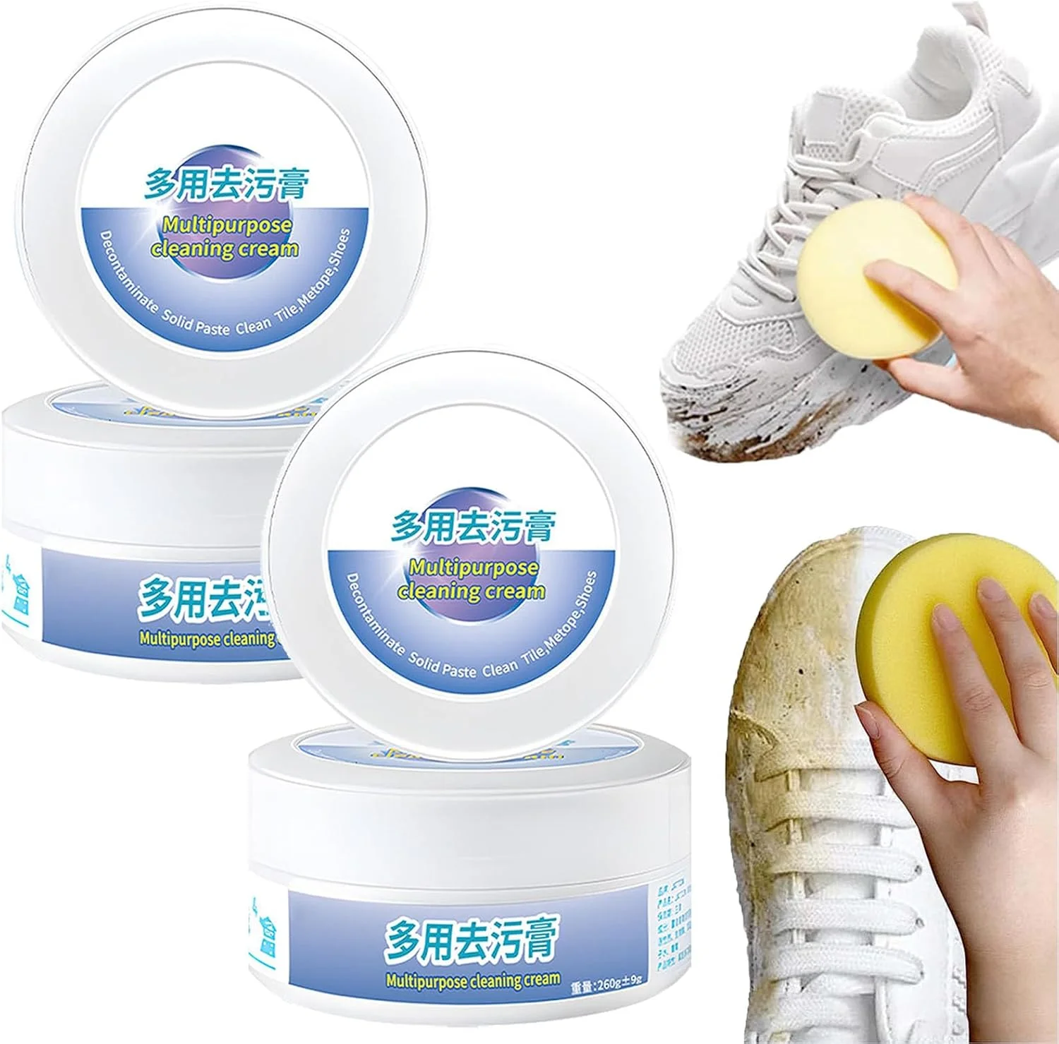 کرم تمیز کننده چند منظوره جدید HUHULL Warncode مدل 2023، کرم تمیز کننده و لکه بر چند منظوره، کرم تمیز کننده کفش سفید همراه با اسفنج، خمیر جامد ضد آلودگی، تمیز کننده سریع (2 عدد)