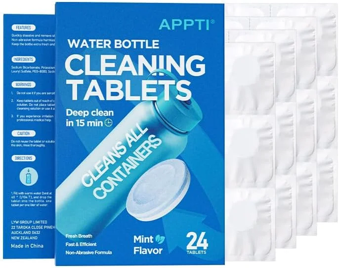 قرص های تمیز کننده بطری آب، 24 عدد - تمیز کننده استیل ضد زنگ، فلاسک، لیوان، عایق، پلاستیک و بطری های آب قابل استفاده مجدد. استفاده از قرص های تمیز کننده Bottle Bright آسان و بی خطر است (طعم نعناع)