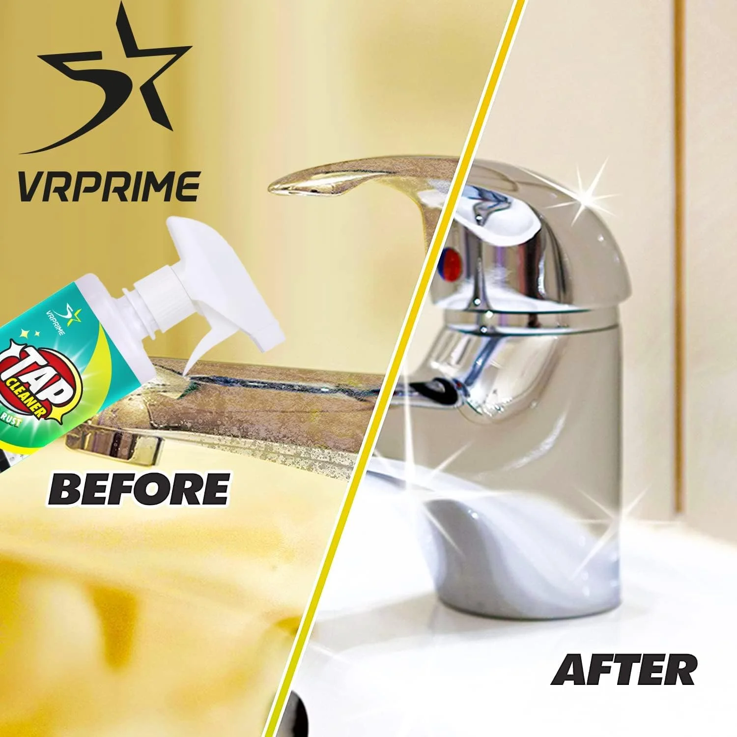 مایع تمیز کننده شیرآلات وی آر پرایم | از بین برنده رسوب آهک و لکه های آب سخت برای لوازم جانبی تمیز کردن شیرآلات حمام | مایع تمیز کننده قوی چند منظوره برای شیرآلات، دوش، کاشی، سینک و شیشه (500 میلی لیتر) (بسته 1 عددی)