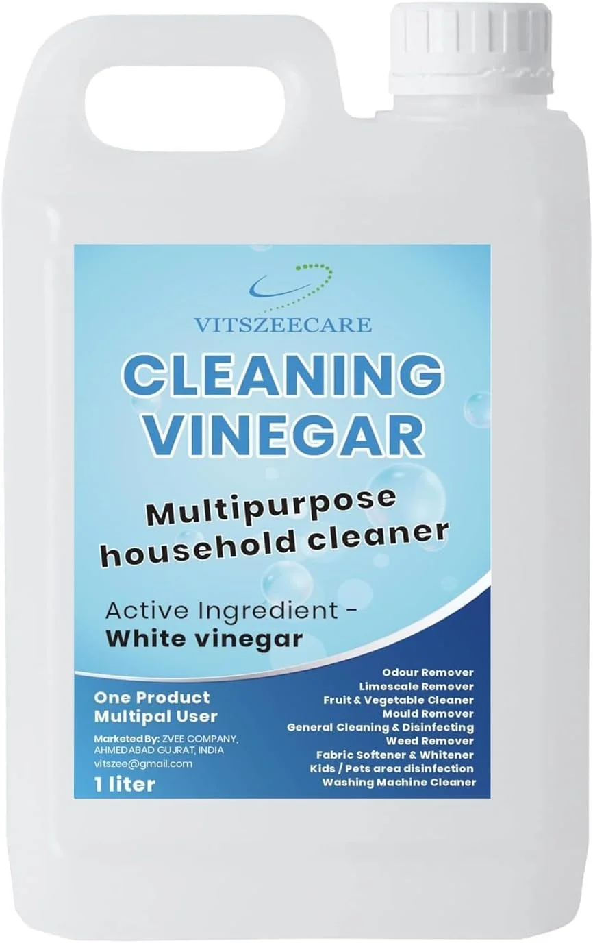 سرکه سفید VITSZEECARE برای تمیز کردن سطوح خانگی، شیشه، استیل ضد زنگ، سرامیک، سبزیجات و میوه ها، رسوب زدایی آهک / از بین بردن بو در یخچال / ماشین ظرفشویی، مصنوعی (سرکه سفید 1 لیتر)، ساخت هند