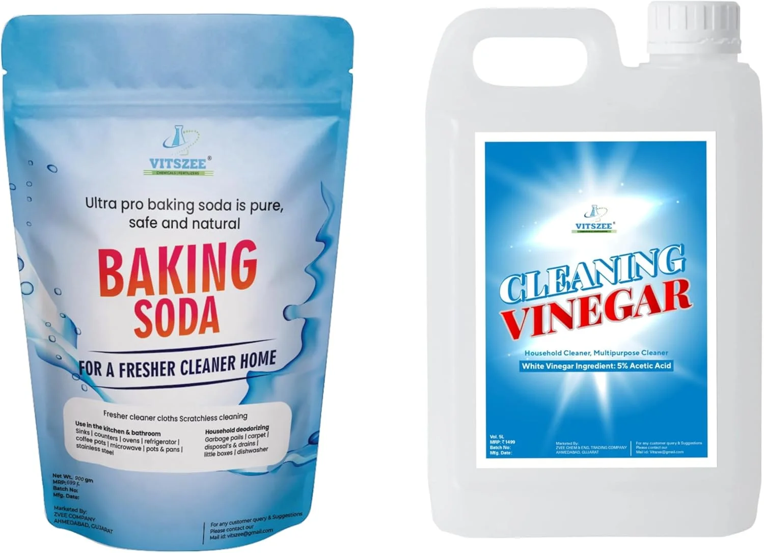 سرکه پاک کننده 1 لیتری VITSZEE CHEMICALS FERTILIZERS به همراه پودر جوش شیرین 900 گرمی | سرکه سفید پاک کننده چند منظوره | بسته ترکیبی