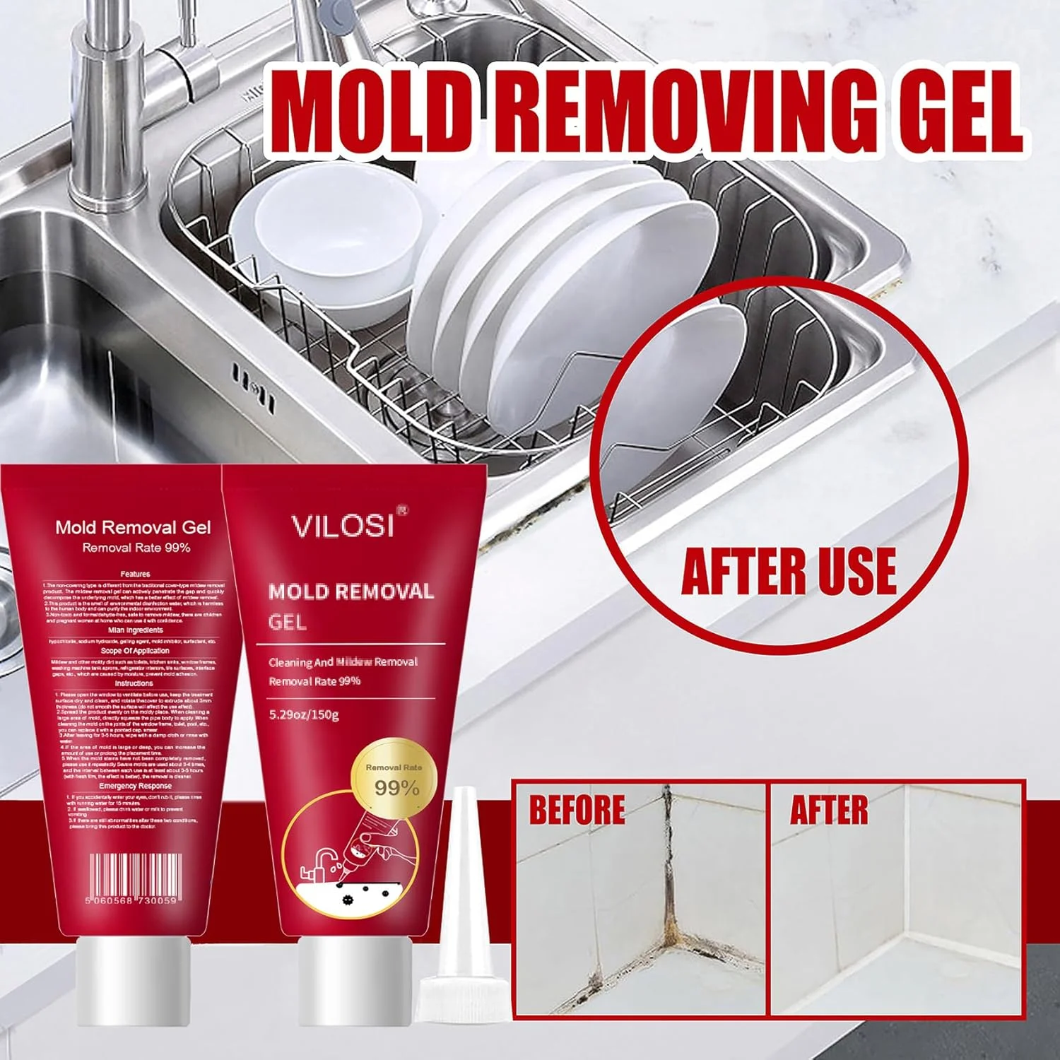 ژل پاک کننده کپک VILOSI، ژل تمیز کننده کپک خانگی با قابلیت از بین بردن لکه های سیاه، برای ماشین لباسشویی، نوارهای یخچال، آشپزخانه، دوش، 150 گرم (150 میلی لیتر)