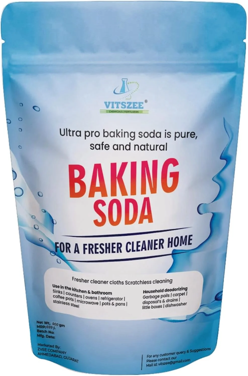 سرکه پاک کننده 1 لیتری VITSZEE CHEMICALS FERTILIZERS به همراه پودر جوش شیرین 900 گرمی | سرکه سفید پاک کننده چند منظوره | بسته ترکیبی