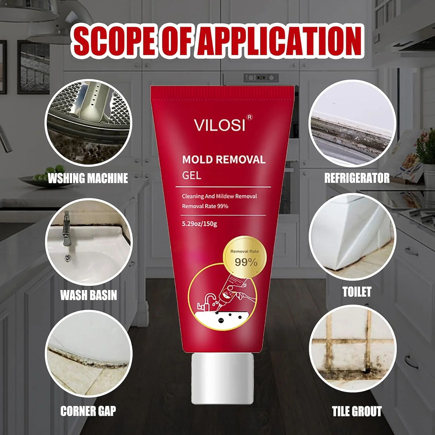 ژل پاک کننده کپک VILOSI، ژل تمیز کننده کپک خانگی با قابلیت از بین بردن لکه های سیاه، برای ماشین لباسشویی، نوارهای یخچال، آشپزخانه، دوش، 150 گرم (150 میلی لیتر)