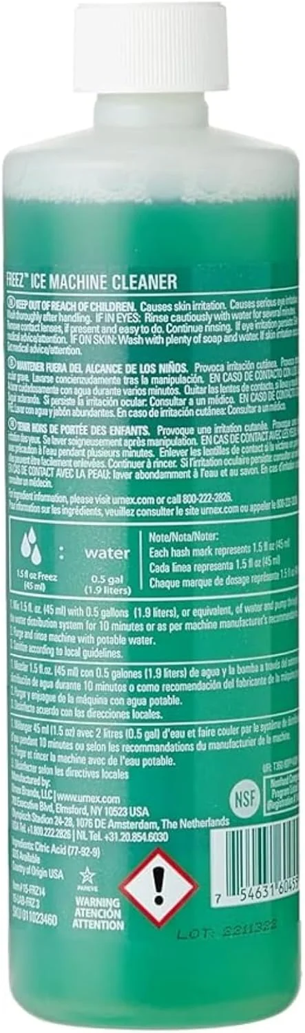 محلول تمیز کننده دستگاه یخ ساز Urnex Freez - حجم 414 میلی لیتر - 5 بار استفاده - فرمول ایمن برای نیکل بر پایه اسید سیتریک، محصول تمیز کننده سیستم یخ تجاری