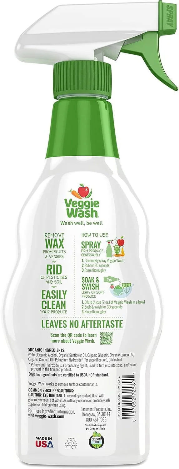 مایع شستشوی میوه و سبزیجات ارگانیک Veggie Wash، پاک کننده و شوینده میوه و سبزیجات دارای گواهی ارگانیک، ۴۷۳ میلی لیتر، بسته ۳ عددی