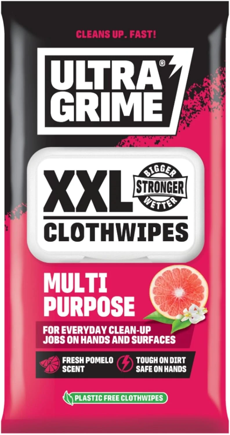 دستمال مرطوب پاک کننده چند منظوره UltraGrime با رایحه پوملو XXL+ و قابلیت تجزیه بیولوژیکی - بدون پلاستیک، معطر با رایحه پوملو، مناسب برای تمیز کردن آلودگی و کثیفی در محیط داخلی - دستمال های تمیز کننده چند منظوره و سنگین (40 عدد دستمال ضخیم و بزرگ)