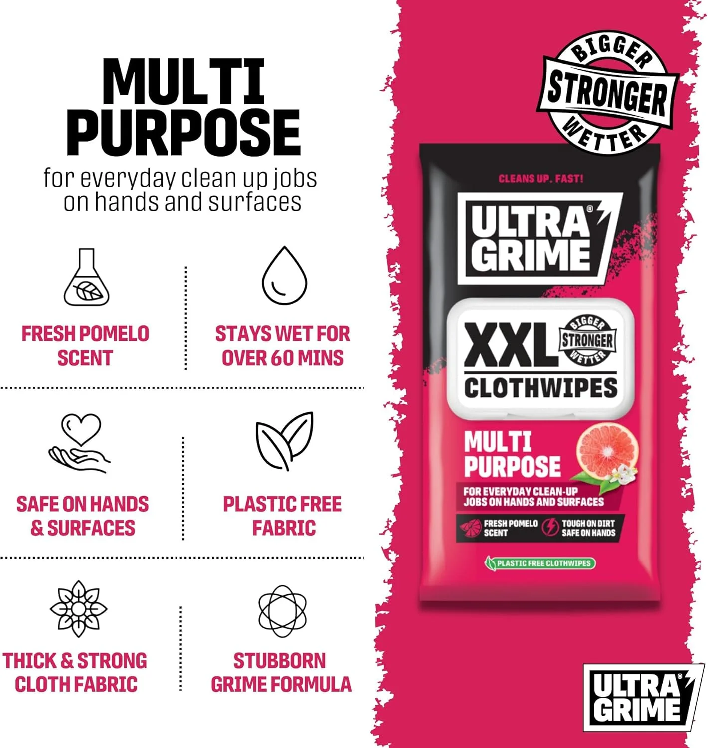 دستمال مرطوب پاک کننده چند منظوره UltraGrime با رایحه پوملو XXL+ و قابلیت تجزیه بیولوژیکی - بدون پلاستیک، معطر با رایحه پوملو، مناسب برای تمیز کردن آلودگی و کثیفی در محیط داخلی - دستمال های تمیز کننده چند منظوره و سنگین (40 عدد دستمال ضخیم و بزرگ)