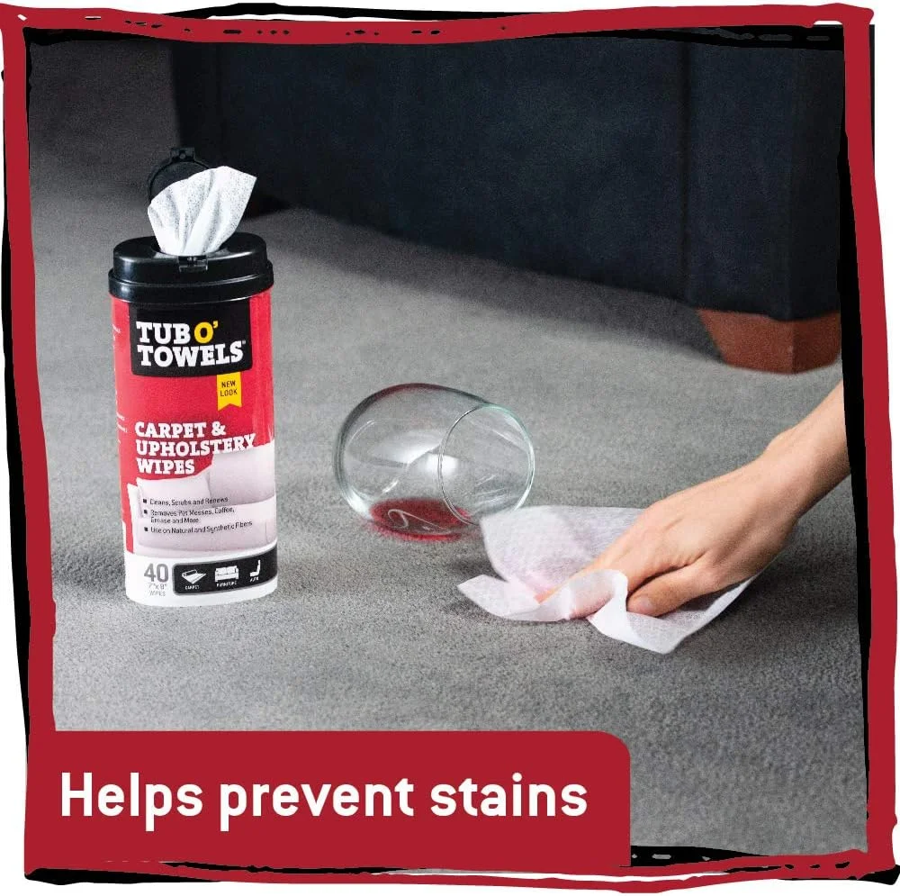 دستمال مرطوب تمیز کننده فرش، قالیچه و اثاثیه Tub O Towels - تمیز کننده، لکه بر و نو کننده، 40 عدد دستمال 7 در 8 اینچ در هر بسته، بسته 2 عددی، سفید (TW40-CP-2)