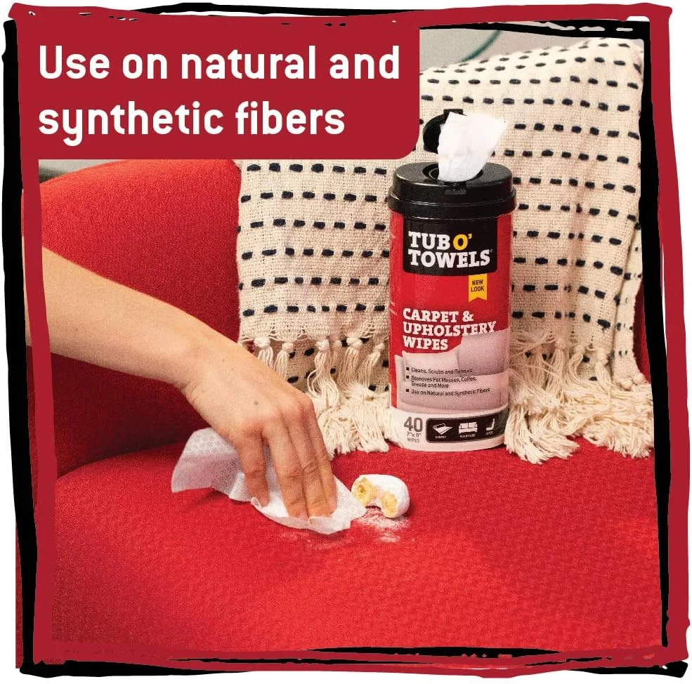 دستمال مرطوب تمیز کننده فرش، قالیچه و اثاثیه Tub O Towels - تمیز کننده، لکه بر و نو کننده، 40 عدد دستمال 7 در 8 اینچ در هر بسته، بسته 2 عددی، سفید (TW40-CP-2)