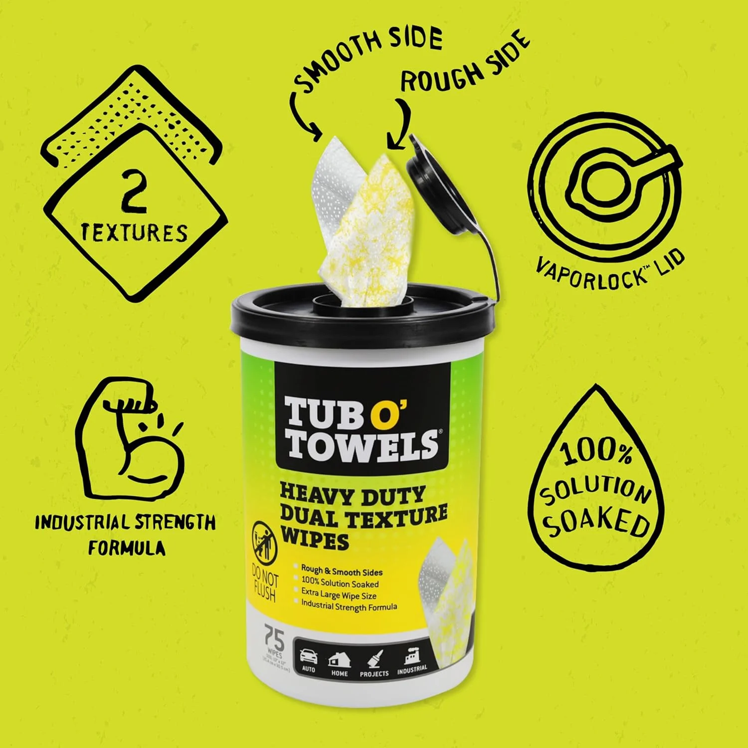 دستمال مرطوب چند منظوره Tub O' Towels TW75، سایز 10 در 12 اینچ، با بافت دوگانه، 75 عدد در هر بسته