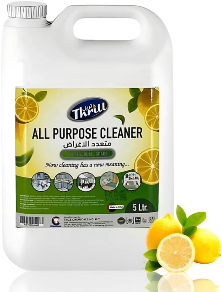 مایع تمیز کننده چند منظوره حرفه ای Thrill با رایحه لیمو 5 لیتری - پاک کننده چند سطحی با عملکرد بالا، چربی زدای قوی صنعتی، سازگار با محیط زیست، برای مصارف خانگی و تجاری