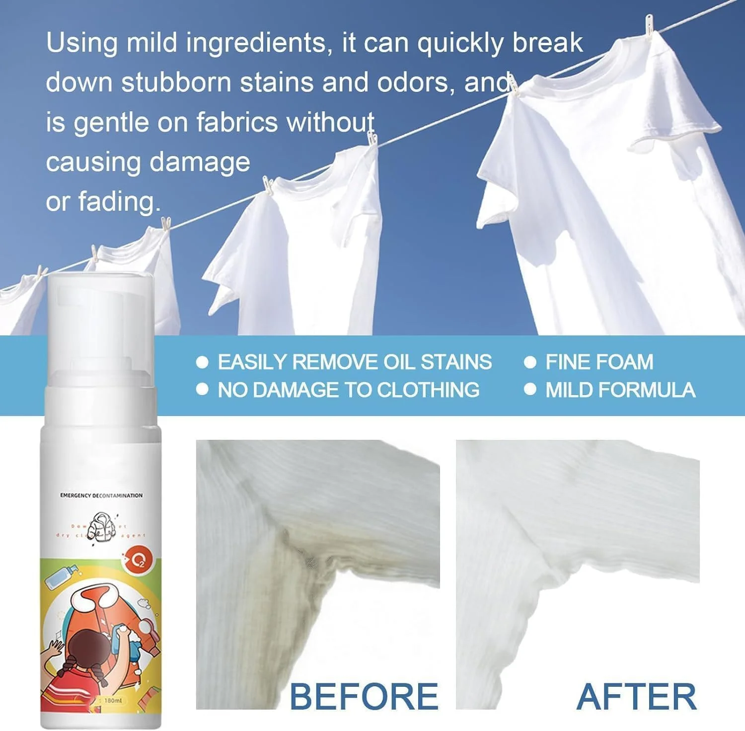 فوم خشک شوی کاپشن پر TERRIFI، فوم تمیز کننده چند منظوره بدون نیاز به آبکشی، 180 میلی لیتر ماده خشک شویی برای کت های زمستانی، لباس های پر و پوشاک، مواد شوینده موثر برای از بین بردن لکه