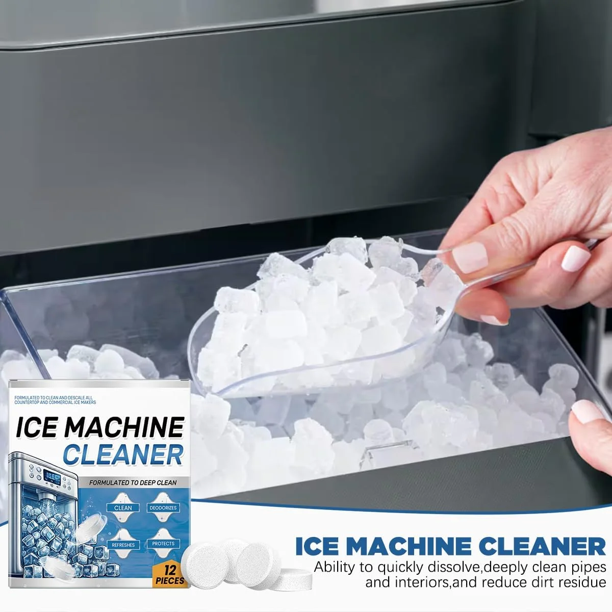 قرص جرم گیر و رسوب زدای دستگاه یخ ساز TFSUDI - 24 عدد قرص تمیز کننده برای دستگاه های یخ ساز - بسته یک ساله، کمک به حذف سختی آب و رسوبات معدنی برای یخ با طعم عالی