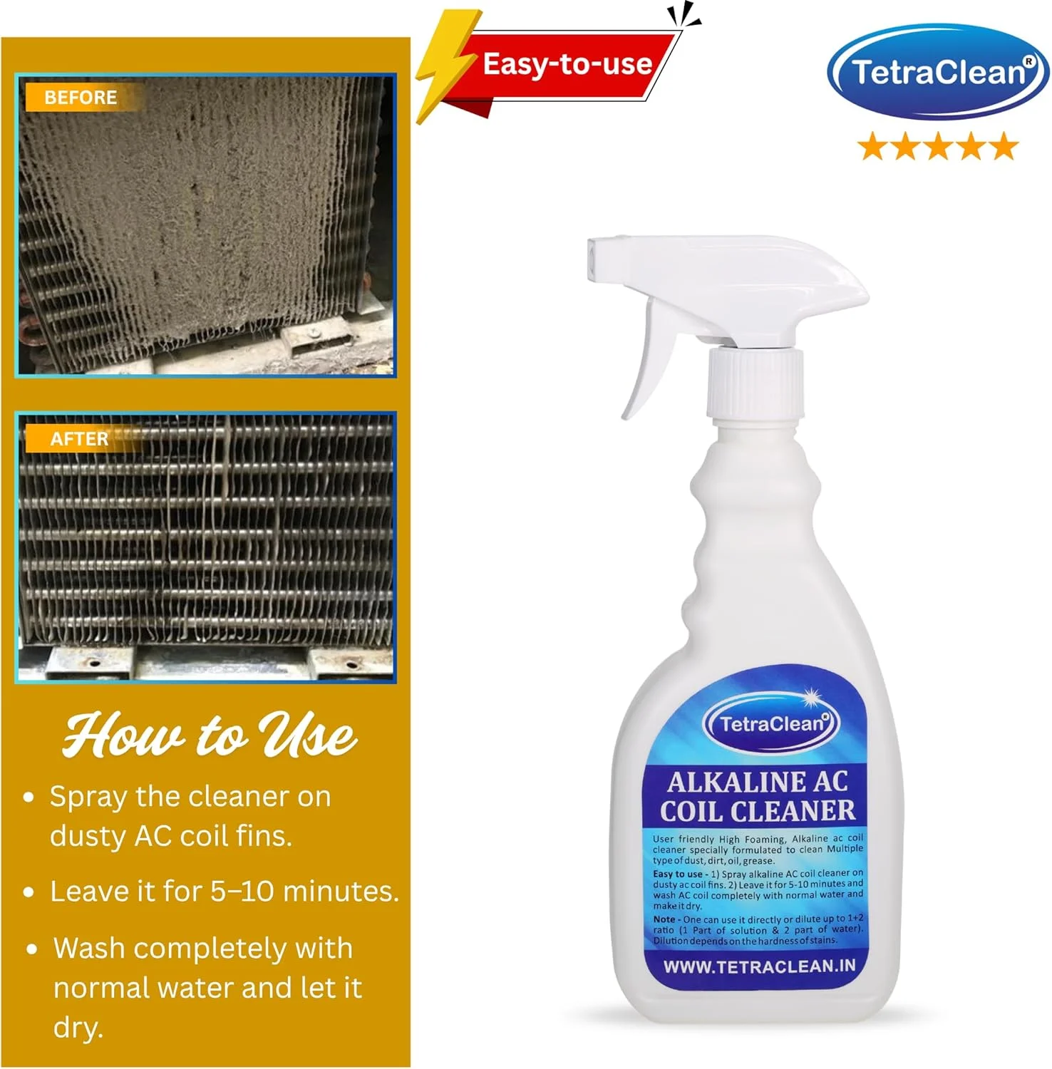 مایع تمیز کننده کویل AC تتراکلین | تمیز کننده قلیایی فوم بالا AC | مایع تمیز کننده کولر گازی | عامل تمیز کننده فوری کویل AC | تمیز کننده کویل AC بسیار گرد و غبار خارجی و داخلی - 500 میلی لیتر